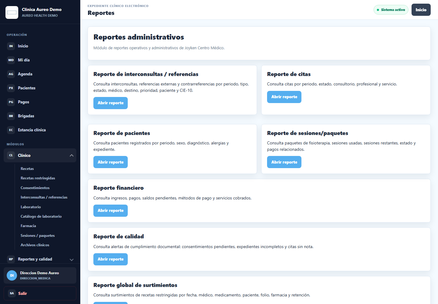 Captura real de Aureo Health - Reportes